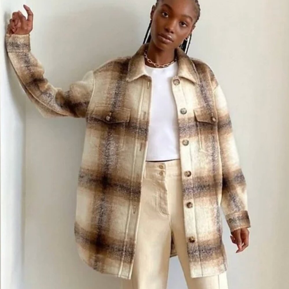 Wilfred Free The Ganna Shirt Jacket by Aritzia Wool Shacket Brown Plaid Size M